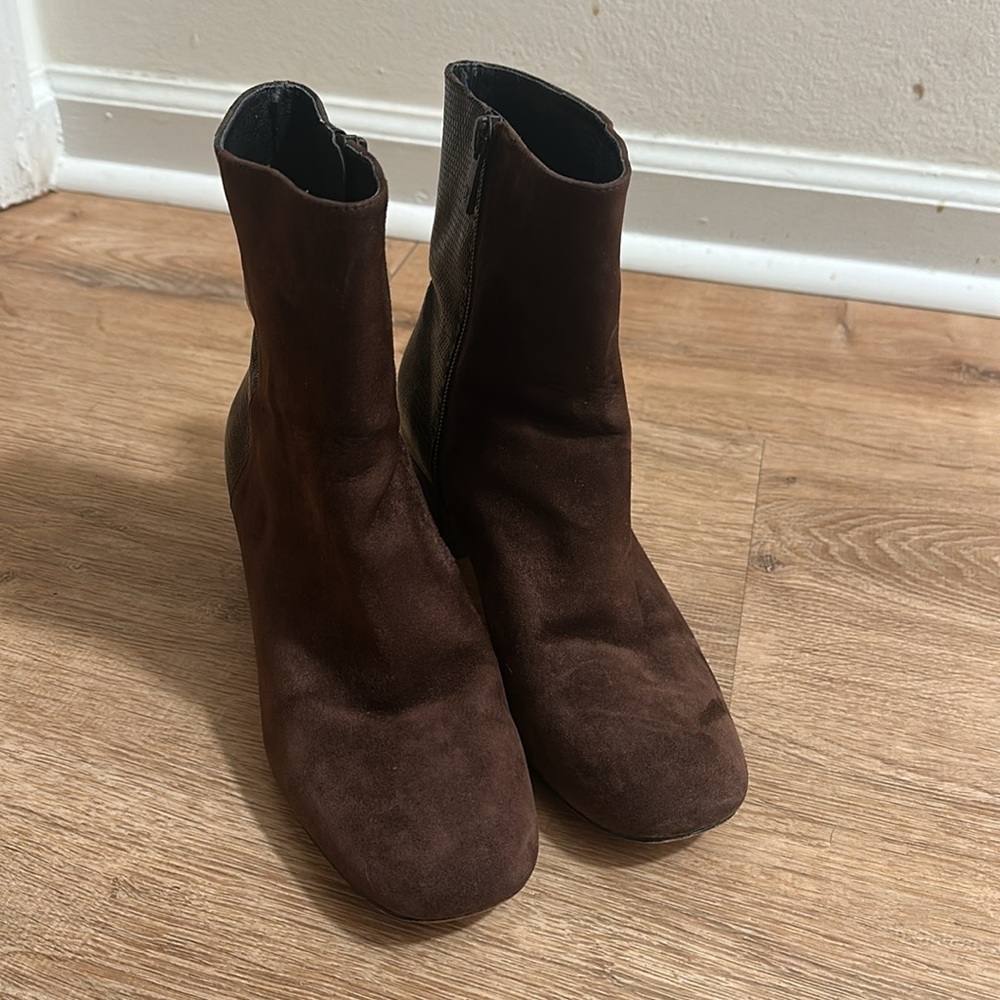 DONALD PLINER | Suede Leather Cindee Split Dark Brown Snake Print Boots, 7 - Picture 3 of 7